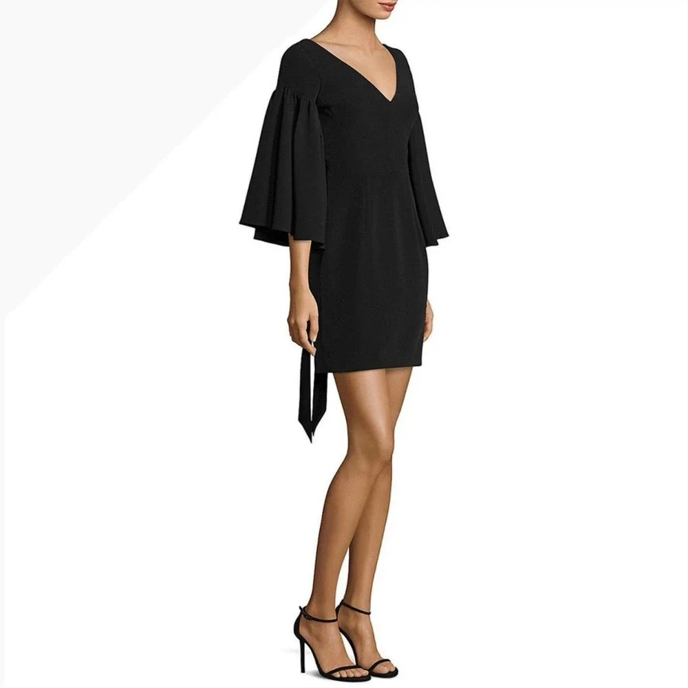 Milly Cady Bell Sleeve Black V Neck Mini Dress Tie back cocktail‎ Party Dress d1